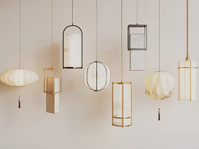 Various Modern Pendant Lights With Round Square Rectangular Designs Metal Frames And Fabric Shades 3d model