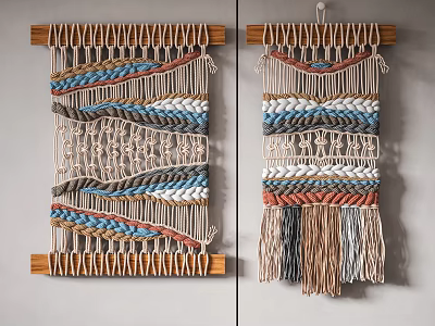Handmade Colorful Macramé Wall Hanging With Wavy Pattern And Tassel Details 3d model