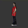 Child In Red T Shirt Dark Jeans With Necklace And White Shoes On Grey Background
