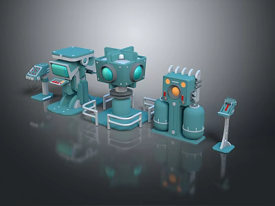 Blue Sci Fi Mechanical Devices With Control Panels Circular Lights And Gas Cylinders 3d model
