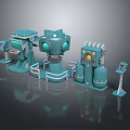 Blue Sci Fi Mechanical Devices With Control Panels Circular Lights And Gas Cylinders