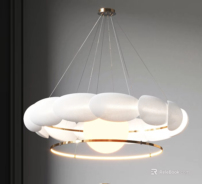 Modern White Cloud Like Pendant Light With Gold Metal Ring And Soft Lighting 3d model 