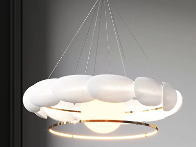 Modern White Cloud Like Pendant Light With Gold Metal Ring And Soft Lighting 3d model