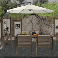 Outdoor Table With White Umbrella Bamboo Fence Decorative Paintings And Tea Set