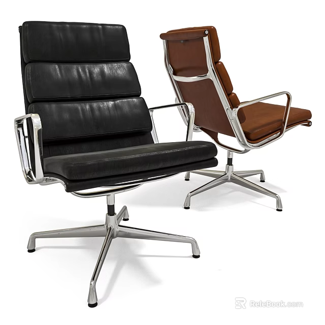 Modern Office Chairs With Black Leather And Brown Seats On Metal Swivel Frames 3d model 