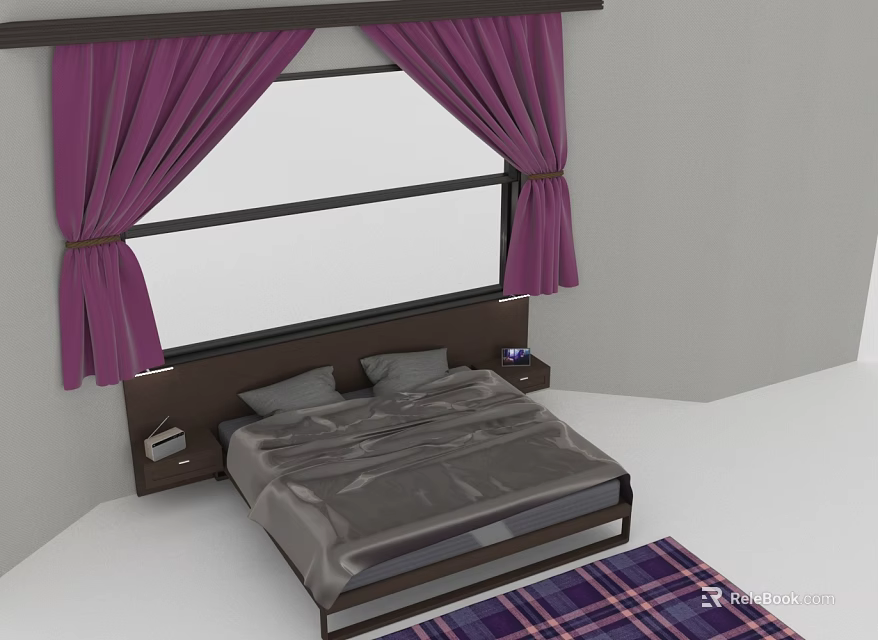 Double Bed with Gray Bedding Purple Curtains Window Nightstand and Plaid Rug 3d model 