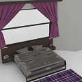 Double Bed with Gray Bedding Purple Curtains Window Nightstand and Plaid Rug