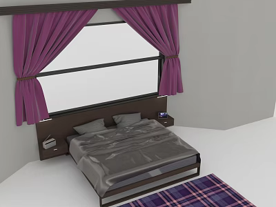 Double Bed with Gray Bedding Purple Curtains Window Nightstand and Plaid Rug 3d model