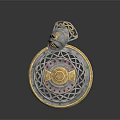 Intricate Cosmic Space Exploration Artifact With Circular Gold Silver Accents And Spire Top Design