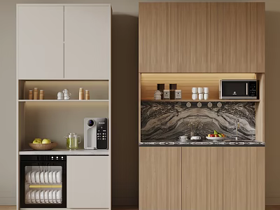 Wine Cabinet With Open Shelving Light Colored Wooden Cabinets And Marble Countertop 3d model