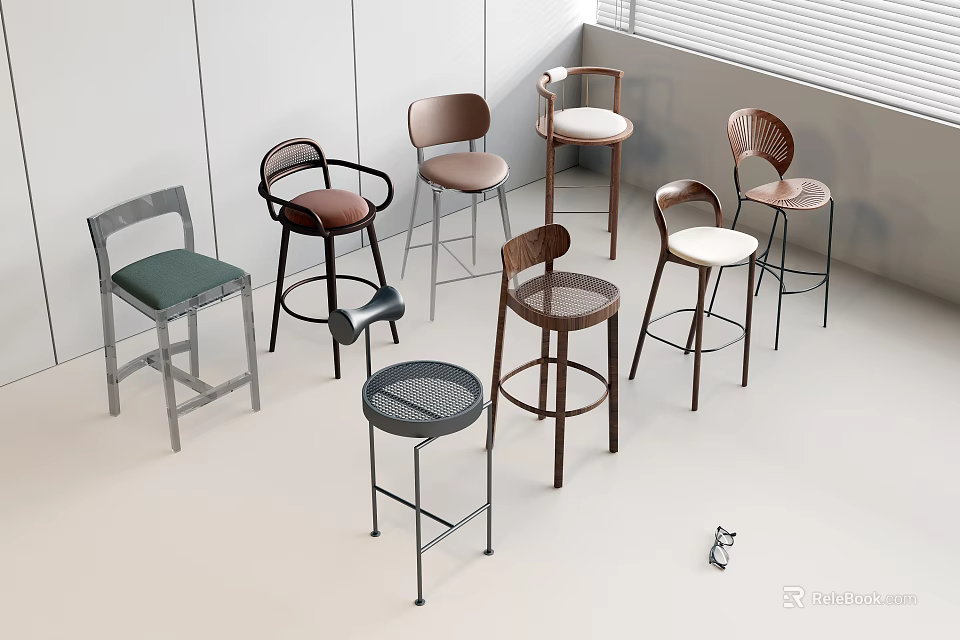 Modern Bar Stools With Various Designs Metal Frames And Colored Seats In Display Space 3d model 
