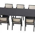 Modern Black Dining Table Set With Six Woven Back And Seat Chairs 3d model