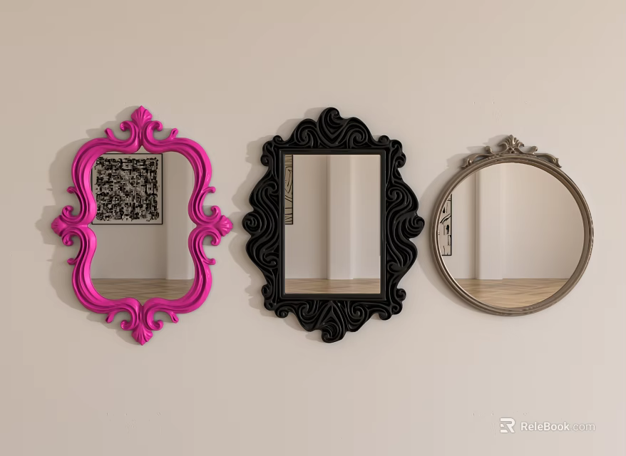 Three Decorative Mirrors With Pink Black Silver Ornate Frames Hanging On Wall 3d model