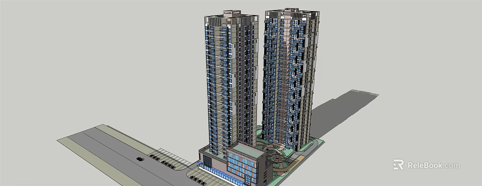 Modern High Rise Residential Buildings With Glass Curtain Walls And Commercial Base 3d model 