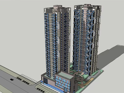 Modern High Rise Residential Buildings With Glass Curtain Walls And Commercial Base 3d model