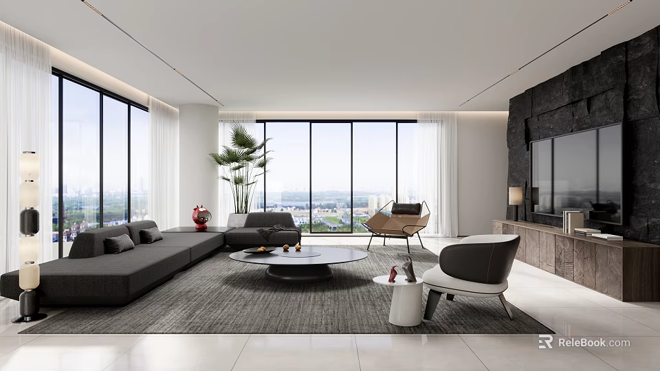 Modern Living Room Interior With Large Windows Gray Sofa Round Coffee Table And Green Plant 3d model 