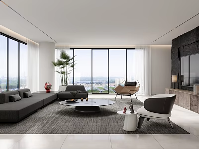 Modern Living Room Interior With Large Windows Gray Sofa Round Coffee Table And Green Plant 3d model