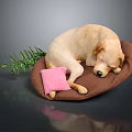Yellow Labrador Retriever Lying Comfortably On Brown Dog Bed With Pink Pillow And Green Plant