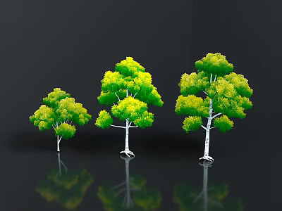 Three Green Trees In Different Sizes With Reflections On Black Background 3d model