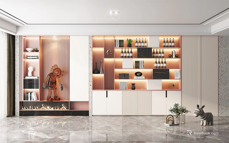 Modern Wine Cabinet Design with LED Lighting and Decorative Wine Bottles in Luxury Living Room 3d model 