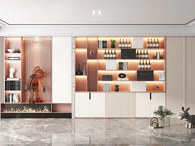 Modern Wine Cabinet Design with LED Lighting and Decorative Wine Bottles in Luxury Living Room 3d model