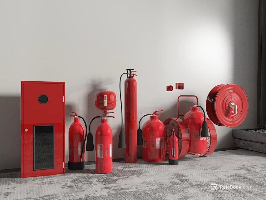 Display Of Red Fire Safety Equipment Including Extinguishers Hose Reel And Cabinet 3d model 