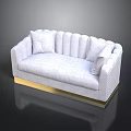 Modern White Sofa With Scalloped Backrest Gold Base And Decorative Pillows
