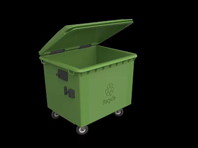Public Facility Green Trash Can With Wheels Open Lid Recycle Logo 3d model