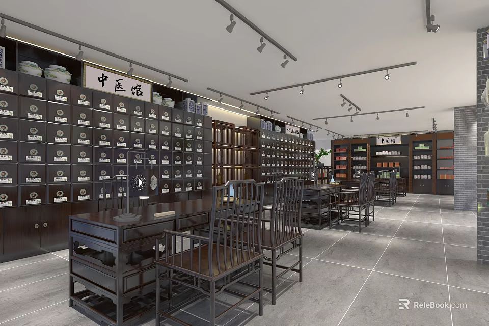 Traditional Chinese Medicine Shop Interior With Wooden Medicine Cabinets And Drawers 3d model 