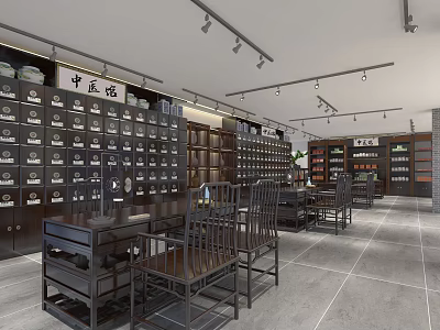 Traditional Chinese Medicine Shop Interior With Wooden Medicine Cabinets And Drawers 3d model