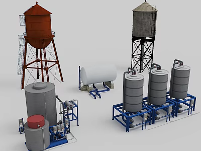 Industrial Water Towers And Storage Tanks With Metal Piping Equipment Structure 3d model