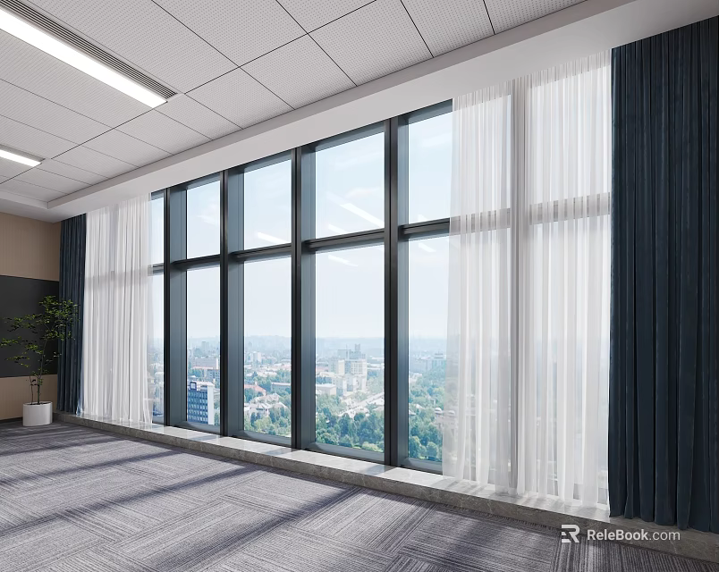 Spacious Interior With Floor to Ceiling Windows City View White And Dark Curtains 3d model 