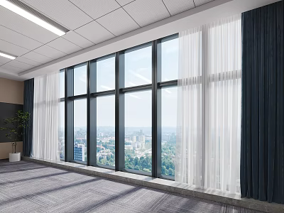 Spacious Interior With Floor to Ceiling Windows City View White And Dark Curtains 3d model