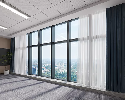 Spacious Interior With Floor to Ceiling Windows City View White And Dark Curtains 3d model