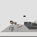 Modern Brown Leather Sofa With Round Marble Coffee Table Armchair Floor Lamp And Potted Plant