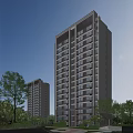 Tall Modern Residential Buildings Exterior View With Trees Around And Blue Sky