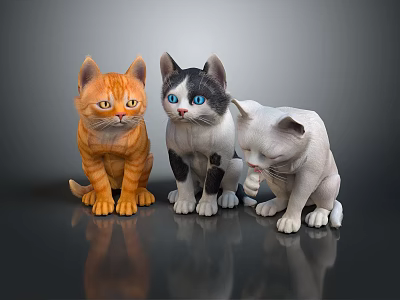 Cute Kittens in Different Colors Sitting Together on Dark Reflective Surface 3d model