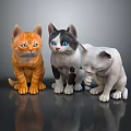 Cute Kittens in Different Colors Sitting Together on Dark Reflective Surface 3d model