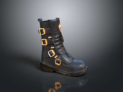 Black Leather Boots With Golden Buckles And Multiple Adjustable Straps For Daily Use 3d model