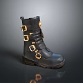 Black Leather Boots With Golden Buckles And Multiple Adjustable Straps For Daily Use