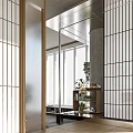 Modern Bright Office Walkway With Lush Green Plants Concrete Pillar And Panoramic City View Windows