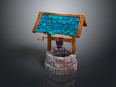 Traditional Well Structure With Blue Tiled Roof Wooden Frame And Stone Base 3d model