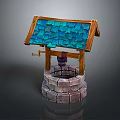 Traditional Well Structure With Blue Tiled Roof Wooden Frame And Stone Base