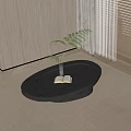 Modern Oval Dark Wooden Coffee Table With Open Book Glass Vase Plant On Light Carpet