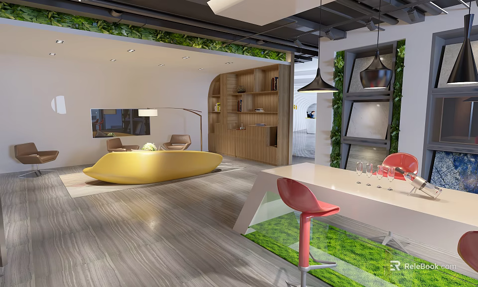Modern Interior Design With Yellow Curved Sofa Wooden Bookshelf Red Chairs And Green Plant Wall 3d model 