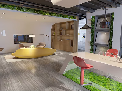 Modern Interior Design With Yellow Curved Sofa Wooden Bookshelf Red Chairs And Green Plant Wall 3d model