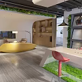 Modern Interior Design With Yellow Curved Sofa Wooden Bookshelf Red Chairs And Green Plant Wall