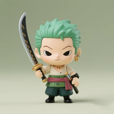 Cute Green Haired Doll Holding Sword with Earrings Wearing White Top Green Belt Black Pants 3d model