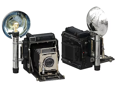 Vintage Large Format Cameras With Round Flash Units And Retro Design 3d model