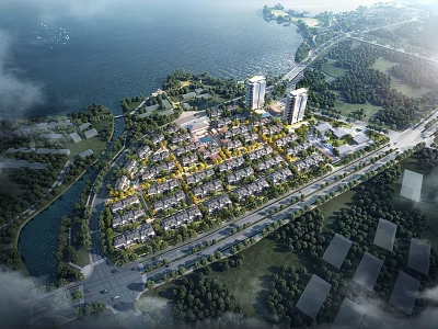 Aerial View of Detached Villas Surrounded by Water and Greenery with Nearby Roads and Buildings 3d model